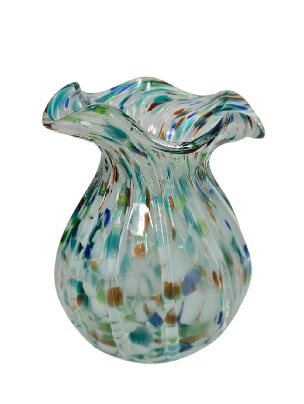 Hand Blown Art Glass Vase Ruffled Rim Confetti Frit Aqua Blue White 7.5